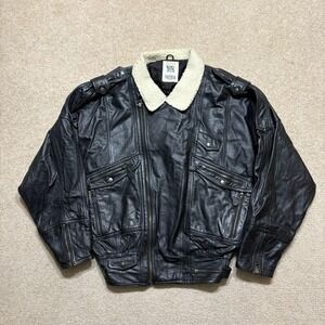 Vtg Leather Biker Jacket Large Sherpa Collar Motorcycle 80s Multi Zip Pockets